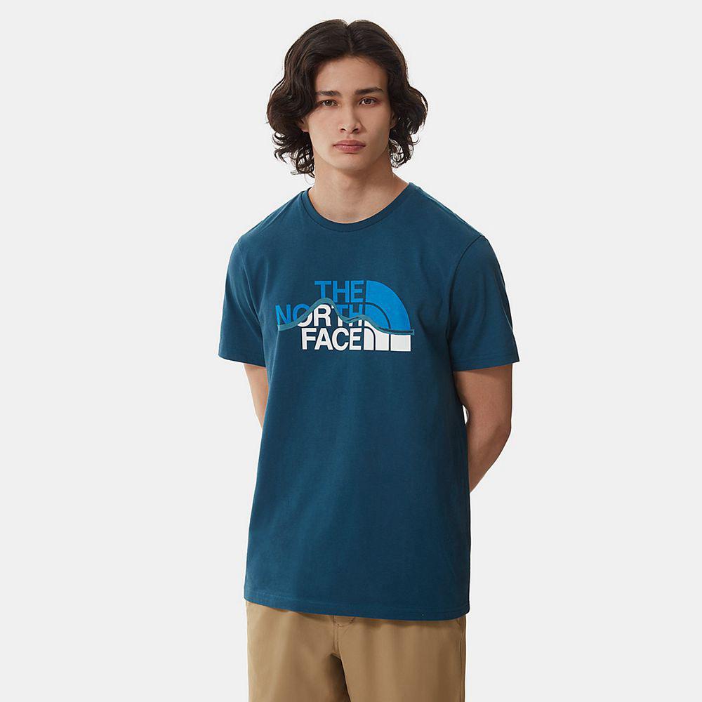 The North Face Mountain Line Ανδρικα T Shirt - Μπλε / Ασπρα (HNPK45687)